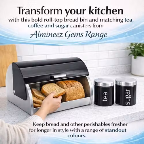 Almineez 4pc Metallic Kitchen Storage Set with Airtight Tea, Coffee, Sugar Canisters and Roll Top Bread Bin in Black – 2