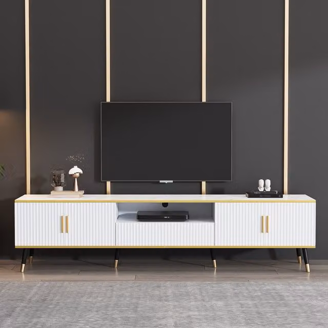 Tokpiedi Minimalist White Glossy Wood Media Unit W/D/H: 200 x 40 x 46 cm