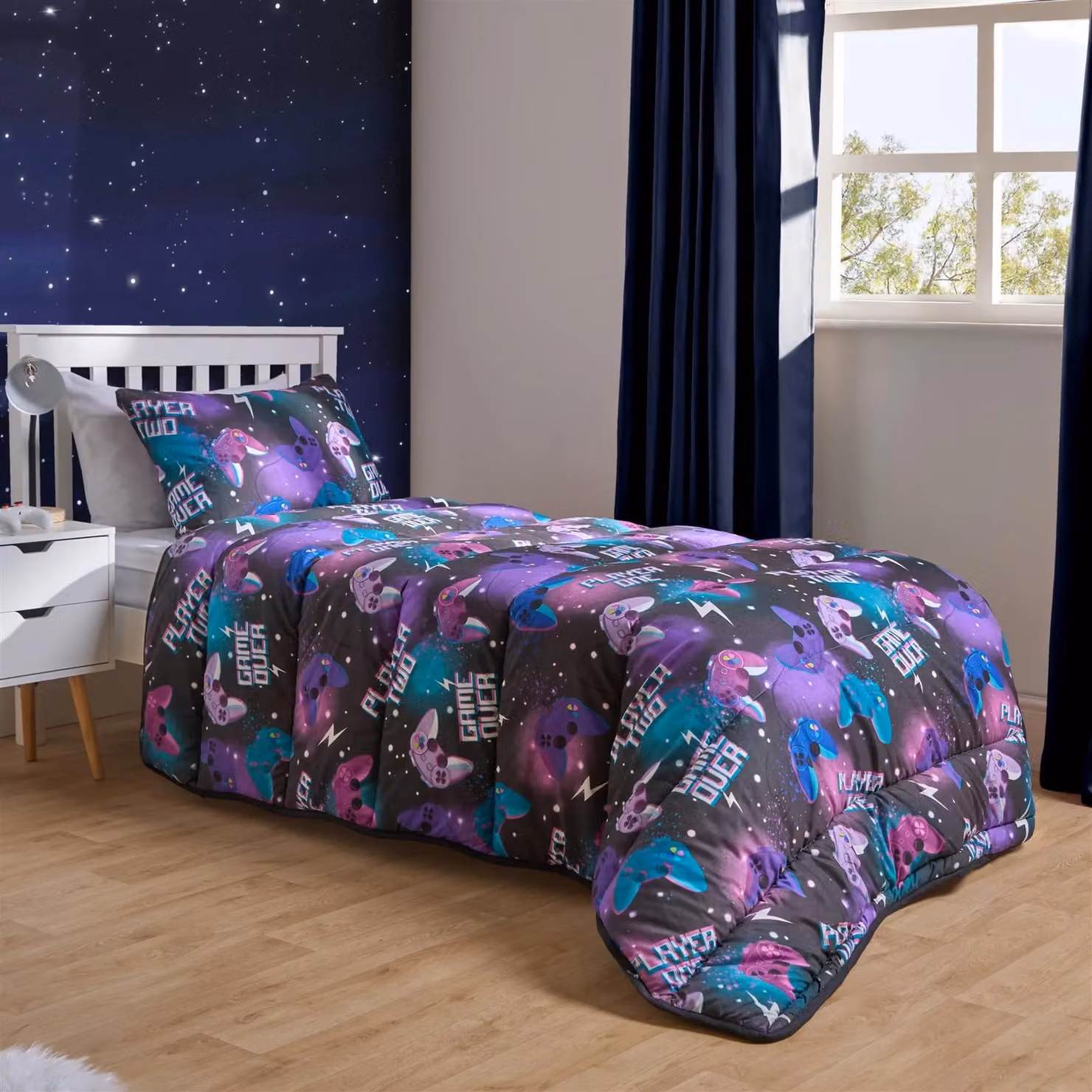OHS Kids Gaming Coverless Duvet and Pillowcase Set, 10.5 Tog Reversible Microfibre Quilt, Black/Purple/Multicolour, W/D/H: 135 x 200 cm – 2