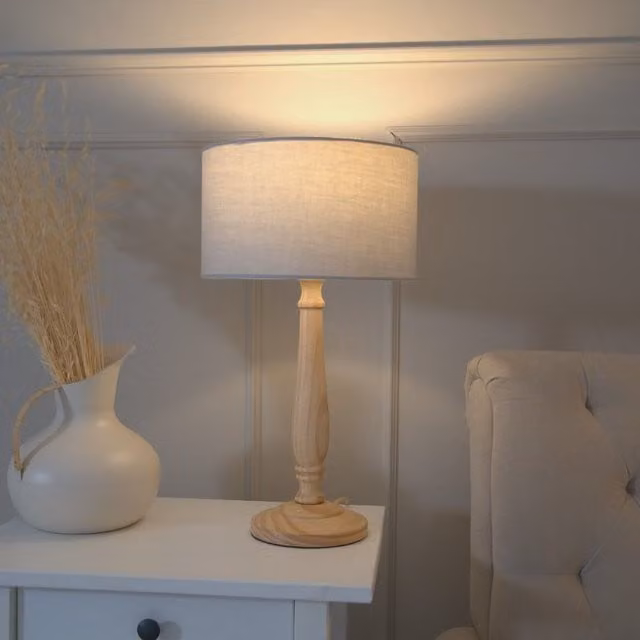 ValueLights Victoria Traditional Wood Stem Table Lamp with Grey Fabric Drum Shade – 1