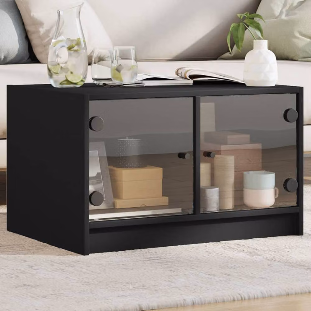 Berkfield Home Modern Black Coffee Table with Glass Doors W: 68 cm, D: 50 cm, H: 42 cm – 2