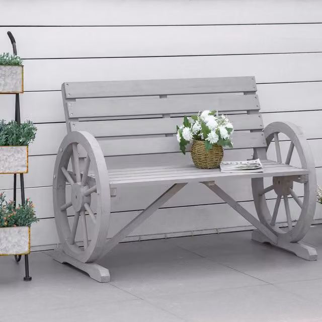 Outsunny Rustic Wooden 2 Seater Garden Bench with Wagon Wheels in Grey