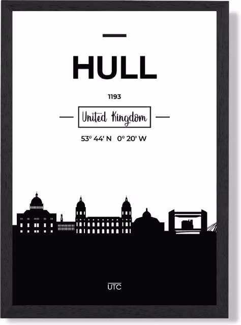 ARTZE Hull Black and White City Skyline Framed Paper Poster, A3 – 1