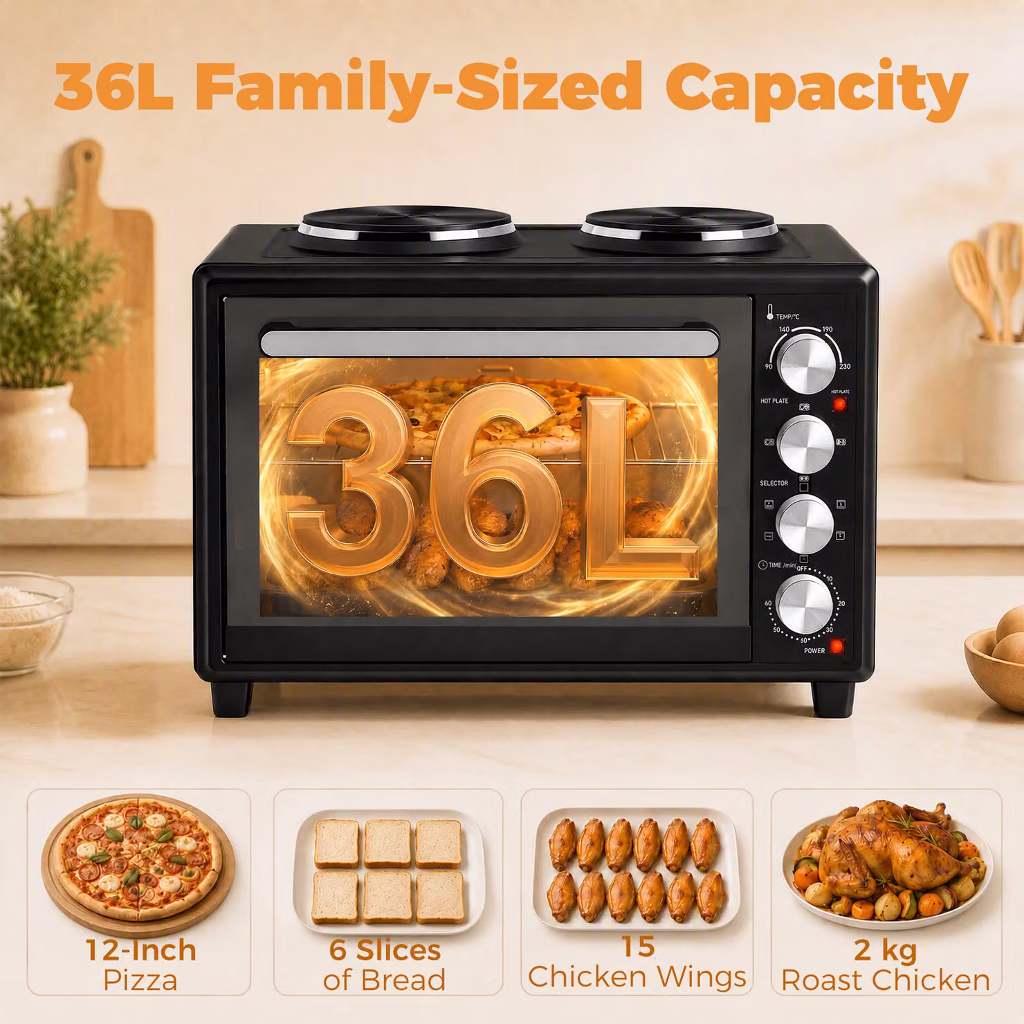 HOMCOM 36L Mini Electric Countertop Oven with Dual Hot Plates, Convection and Grill, Black – 5