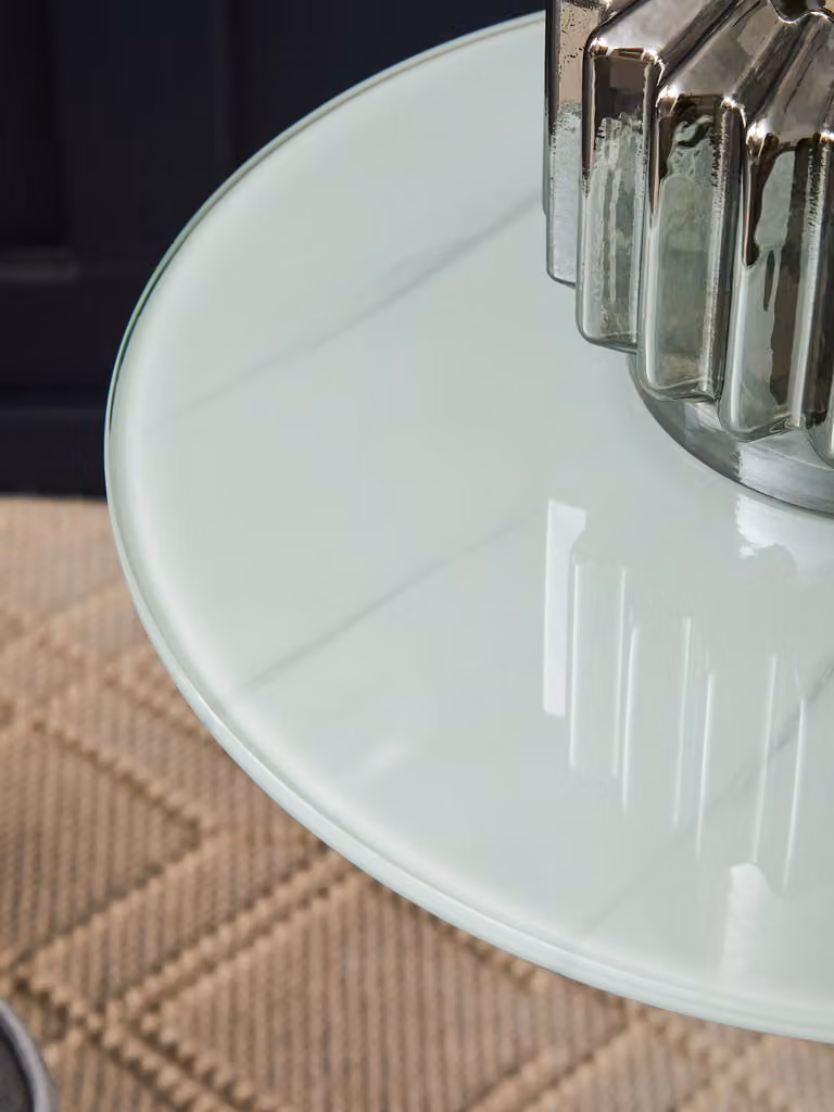 Orsina Round End Table with Black Marble Effect Glass Top and Silver Stainless Steel Frame