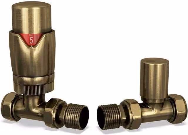 Stirling Bold Antique Brass Thermostatic Radiator Valve and Lockshield Corner Set