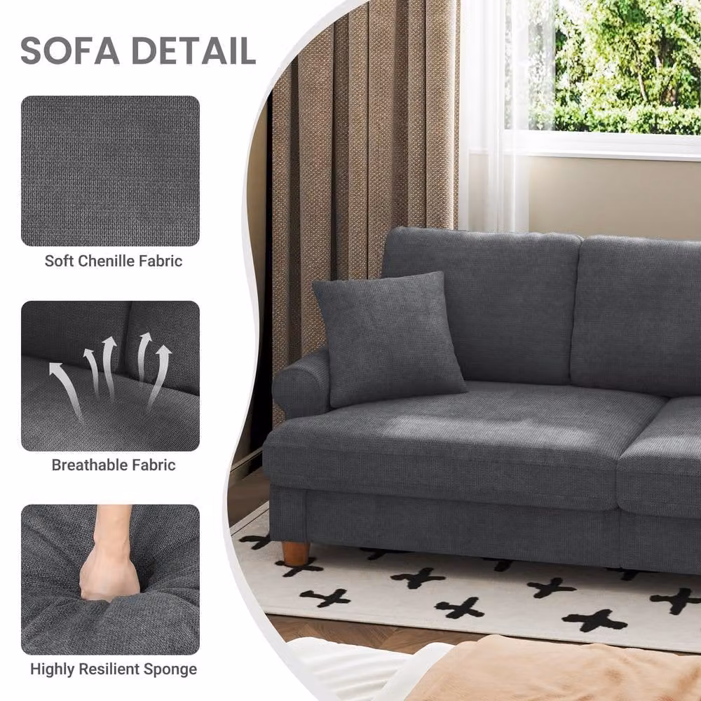 Dprodo Grey Chenille Sofa Sleeper with Deep Seat and Solid Wood Frame, W: 220 cm, H: 86.5 cm, D: 52 cm – 5