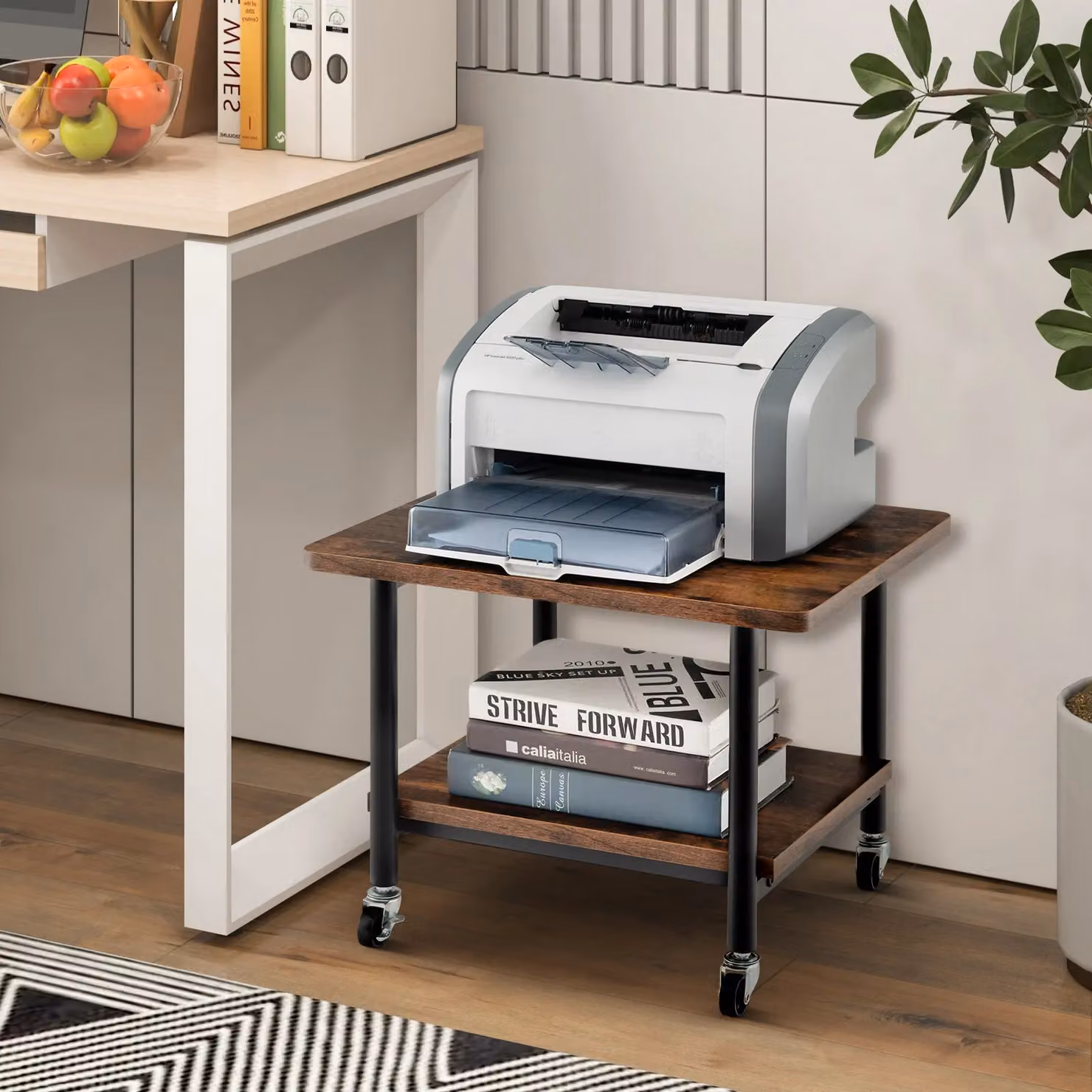 Costway Under Desk Printer Stand with 4 Wheels in Brown – 6