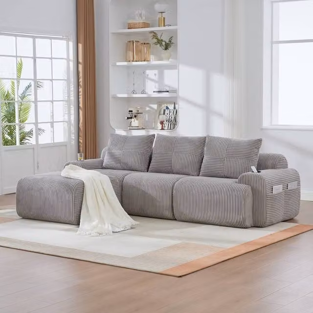 Matteo Modular Corduroy 3-Seater Sofa with Matching Ottoman and Cup Holders in Light Grey – 1