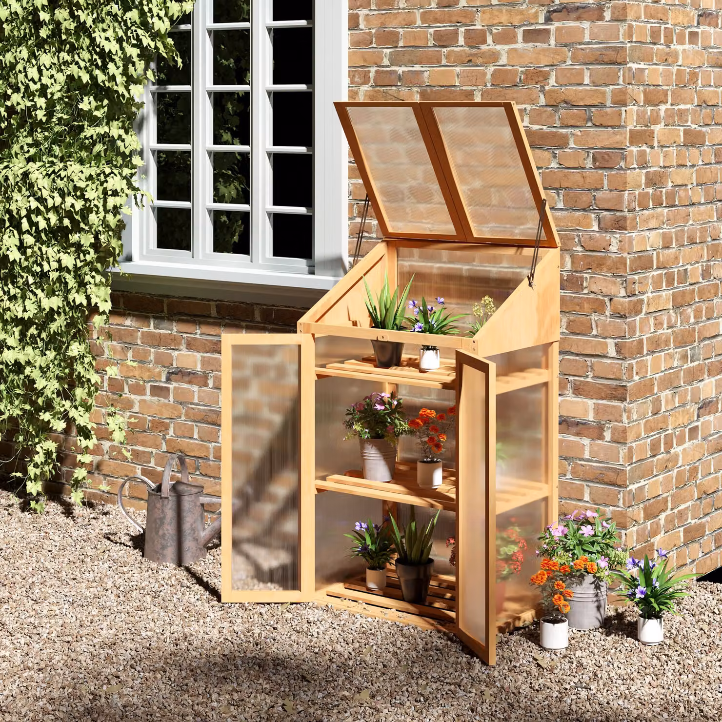 Outsunny Brown Wooden Greenhouse Cold Frame Grow House with Semi Transparent Polycarbonate Glazing, Openable Lid and Double Door, W/D/H: 70 x 50 x 120 cm – 2