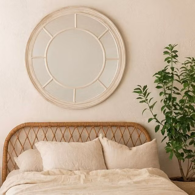 Wyld Haus Rustic Round Wood Wall Mirror in White and Brown, W/D/H: 90 x 90 x 1 cm