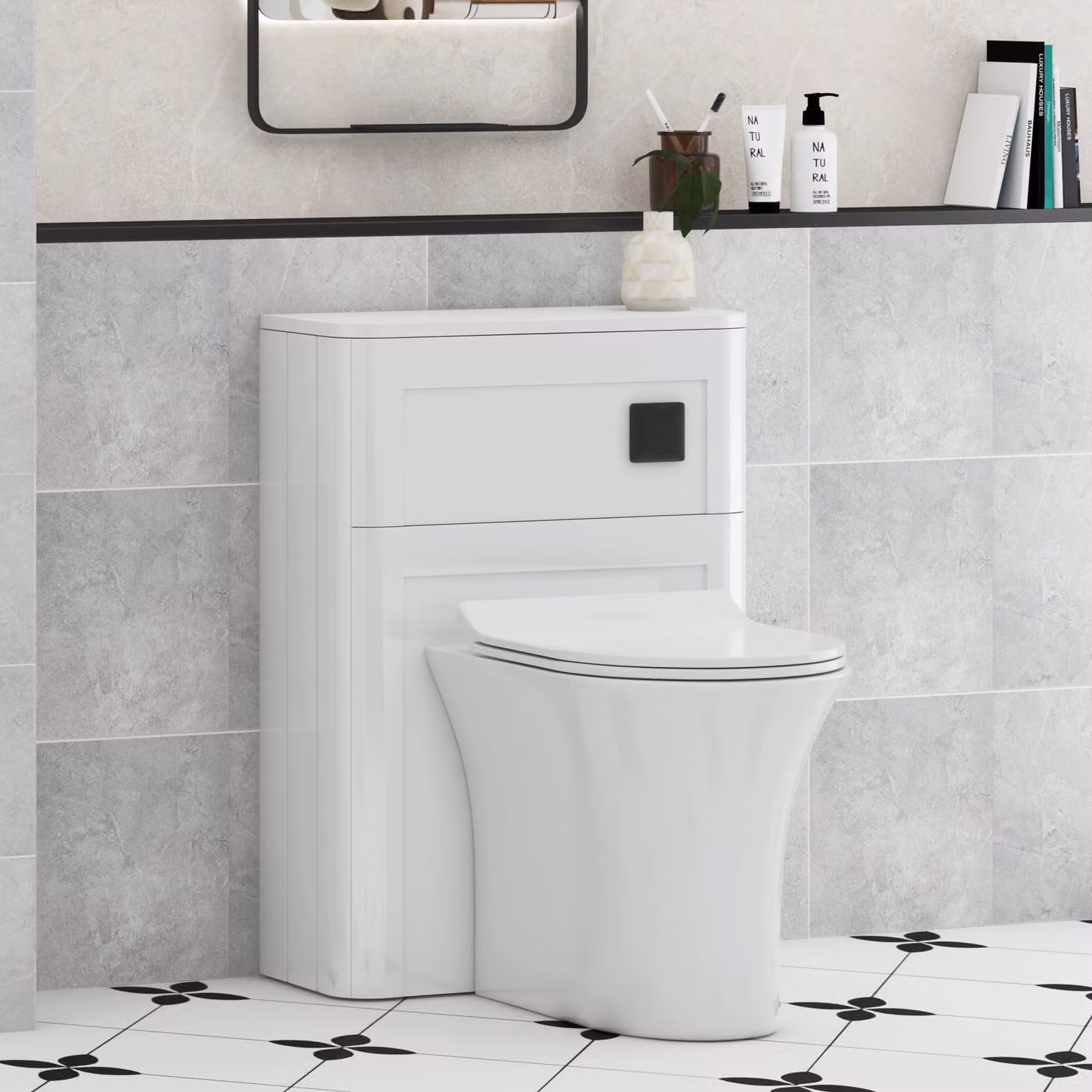 Royal Bathrooms Henley Gloss White Wall Mounted WC Unit with Breeze Rimless Ceramic Toilet Pan, Slim Soft Close Seat and Cistern, Width: 55 cm