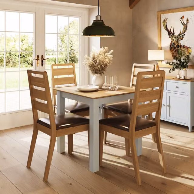 FWStyle Large Square Oak Compact Dining Table with Beige Linen