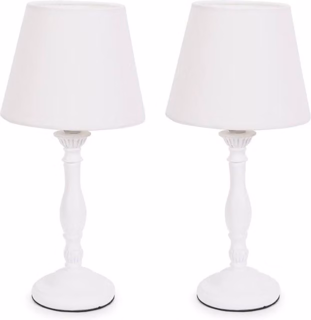 ValueLights Pair of White Wood Candlestick Table Lamps with Tapered Fabric Shades and LED Bulbs Included – 1