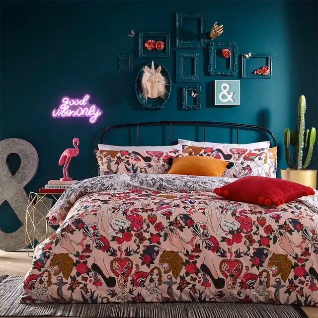 Make it a Home Reversible Floral Tattoo Inspired Duvet Cover Set, Pink, Red, Black and White, 90 x 200 cm