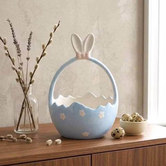 Garden Greatness Blue and White Ceramic Easter Bunny Ears Ornament with Floral Details