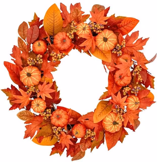 BOSK Pumpkin Orchard 26 inch Autumn Wreath with Warm White LED Microbulbs in Orange, Red and Yellow – 1