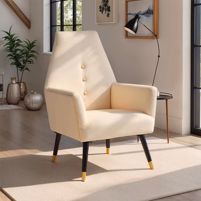 FWStyle Stone Velvet Upholstered Armchair with Buttoned Back and Padded Accent Cushion