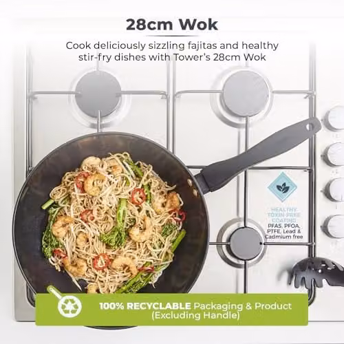Tower Diamo Ceramic Non-Stick Wok, Black, 28cm – 4