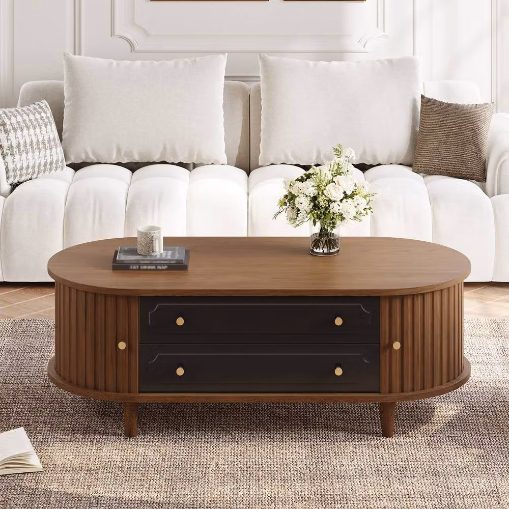 Matteo Scandinavian Oval Coffee Table in Brown and Black Wood Finish with 2 Drawers and Roll-Up Door, W/D/H: 100 x 50 x 36 cm – 3