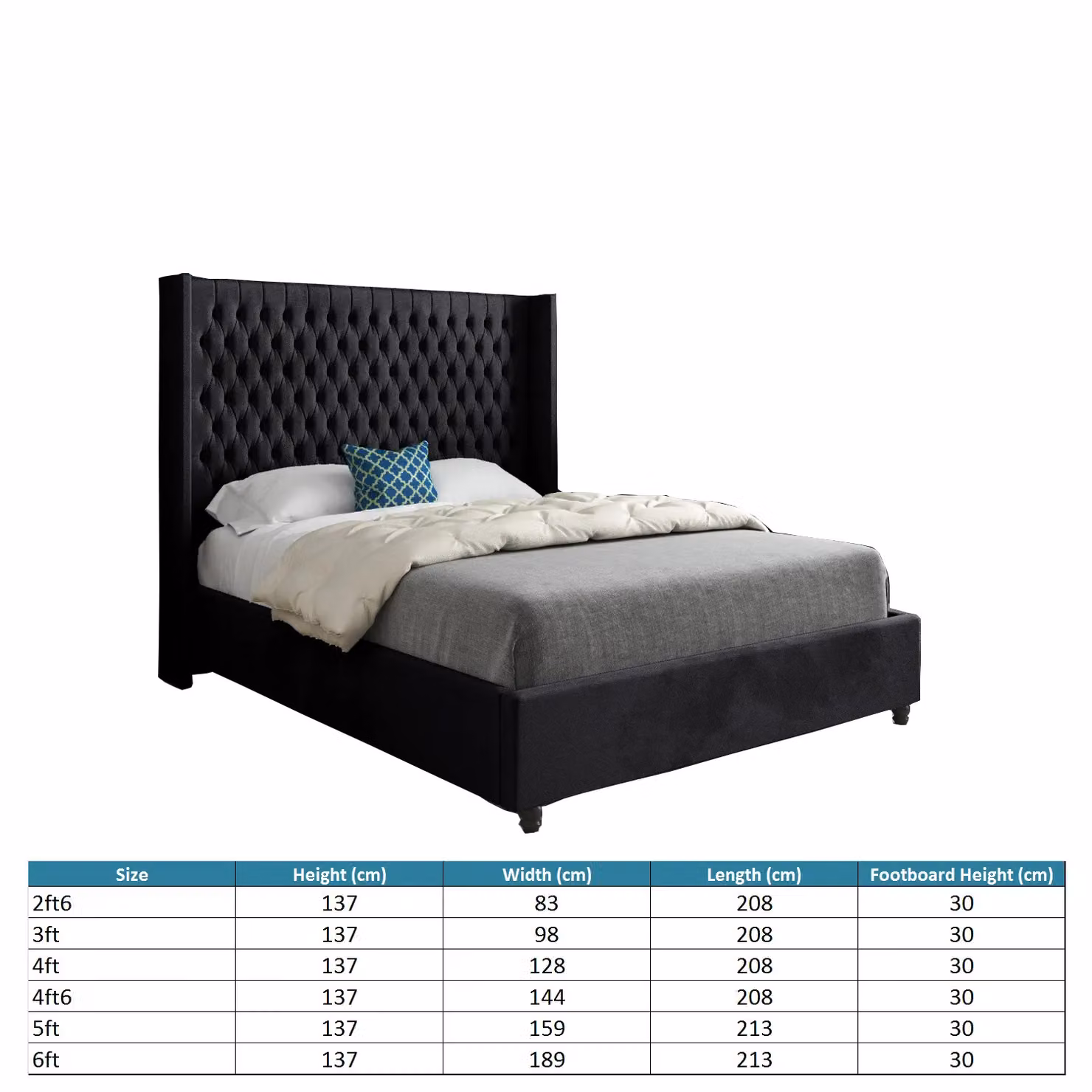 Casani Volta Straight Winged Upholstered Soft Velvet Bed Frame in Black, W/D/H: 128 x 120 x 200 cm – 4