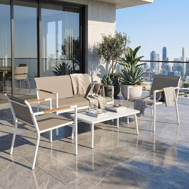 Outsunny 4 Seater Modern Garden Furniture Set with Breathable Mesh Seats in Beige and Brown