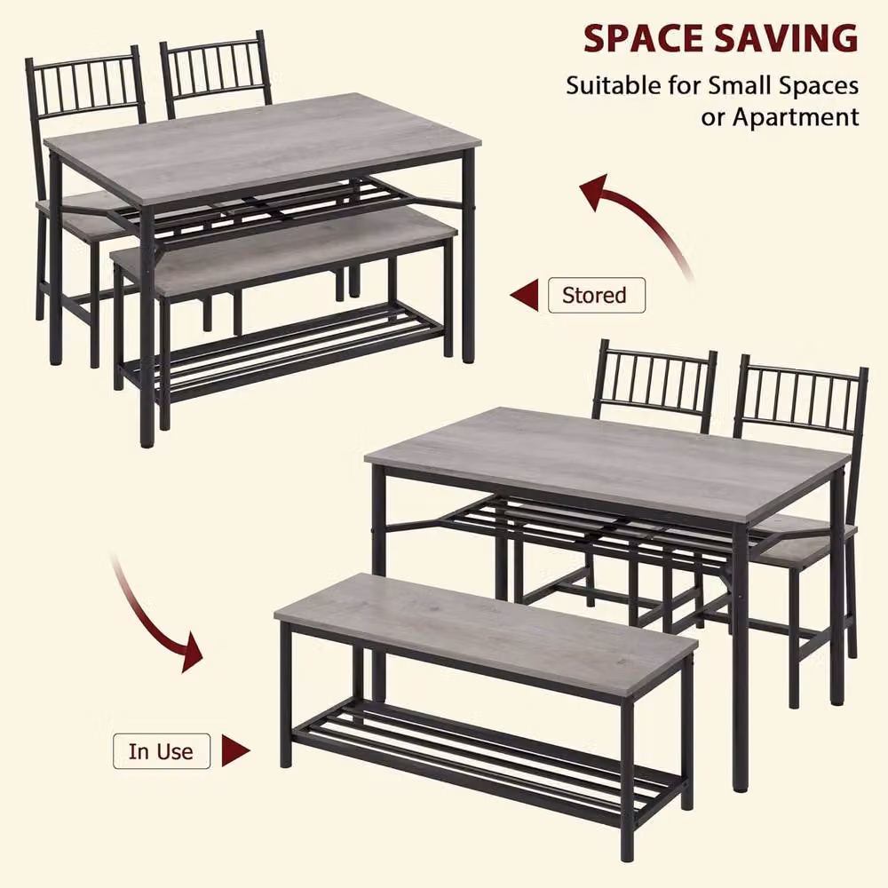 London Boutique 4-Piece Modern Rectangular Dining Table Set with 2 Chairs and Storage Bench in Grey – 3