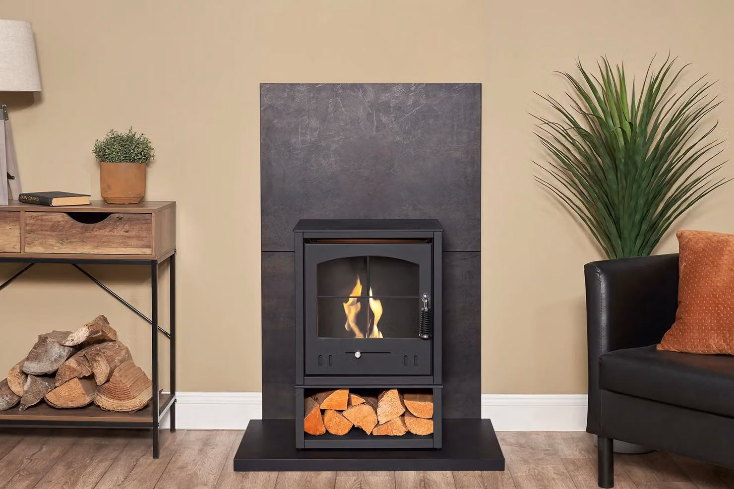 OKO S2 Bio Ethanol Stove with Log Storage in Charcoal Grey, W/D/H: 65.5 x 44.0 x 31.0 cm – 2