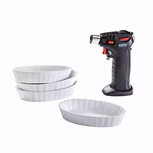 Gefu Carmello Crème Brûlée Set with Adjustable Flame and Multicolour Porcelain Ramekins