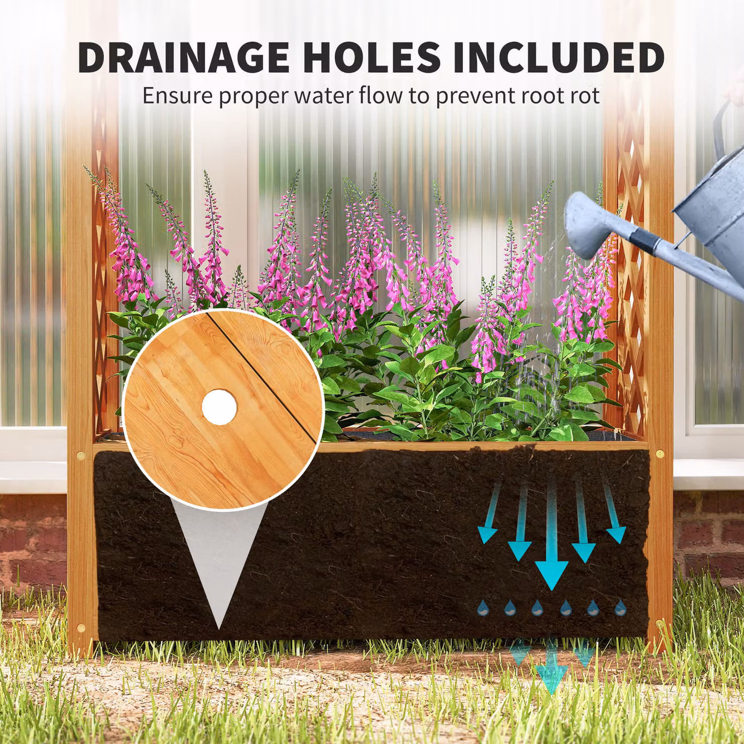 Outsunny Brown Wooden Raised Garden Bed with Trellis and Liner for Climbing Plants, H 145 x W 83 x D 36 cm – 6