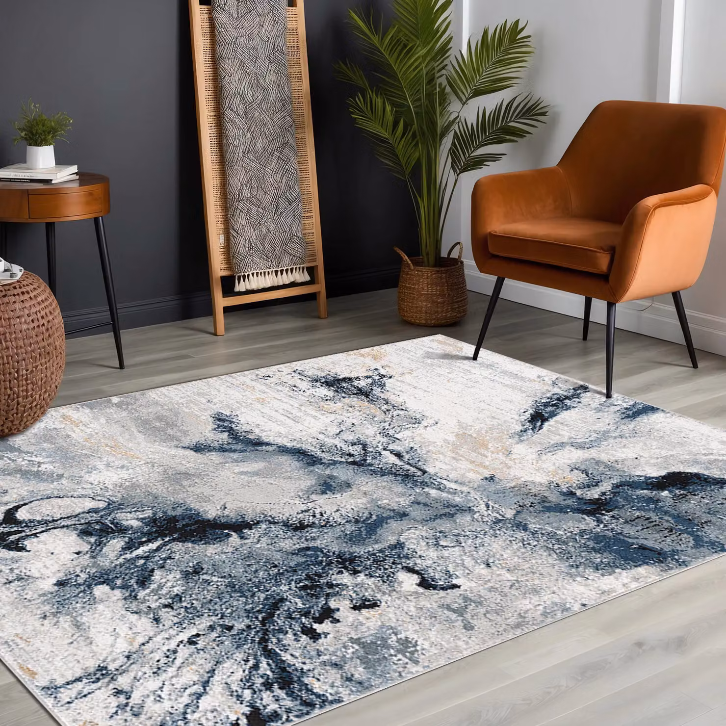 Livabliss Jolie Round Abstract Modern Marble Rug in Dark Blue, Grey, and Beige, Diameter: 200 cm – 6