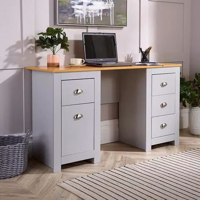 Home Source Camden 3 Drawer Pedestal Computer Storage Desk in Grey Oak Wood