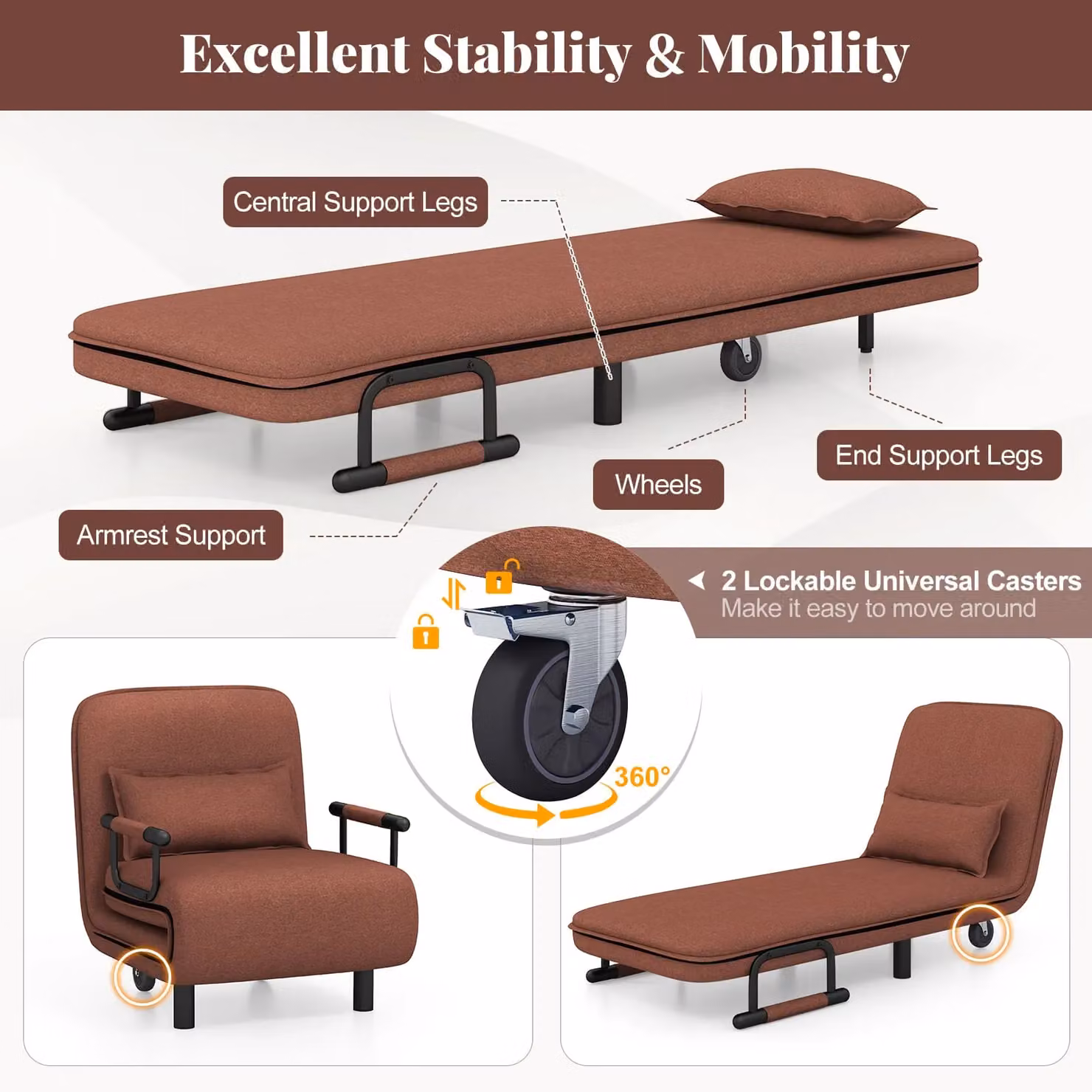 Costway Modern Fabric Single Folding Sofa Bed Chair in Dark Brown – 6