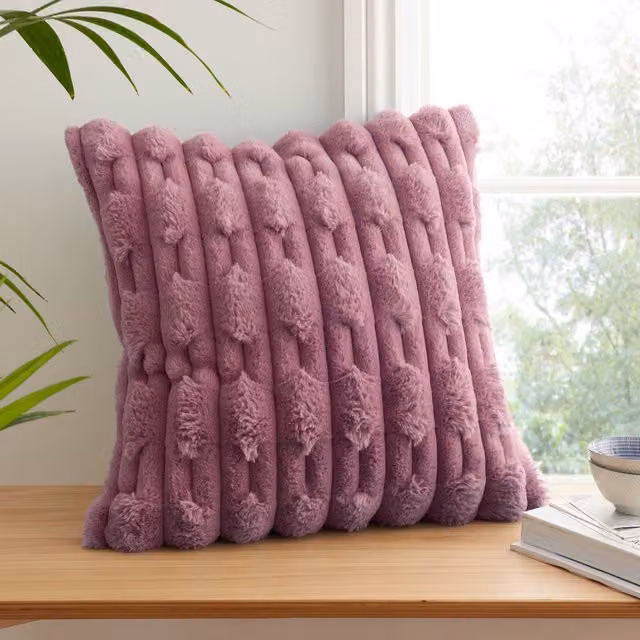 Bianca Carved Faux Fur Square Cushion, Pink, W/D/H: 50 x 50 x 50 cm – 1