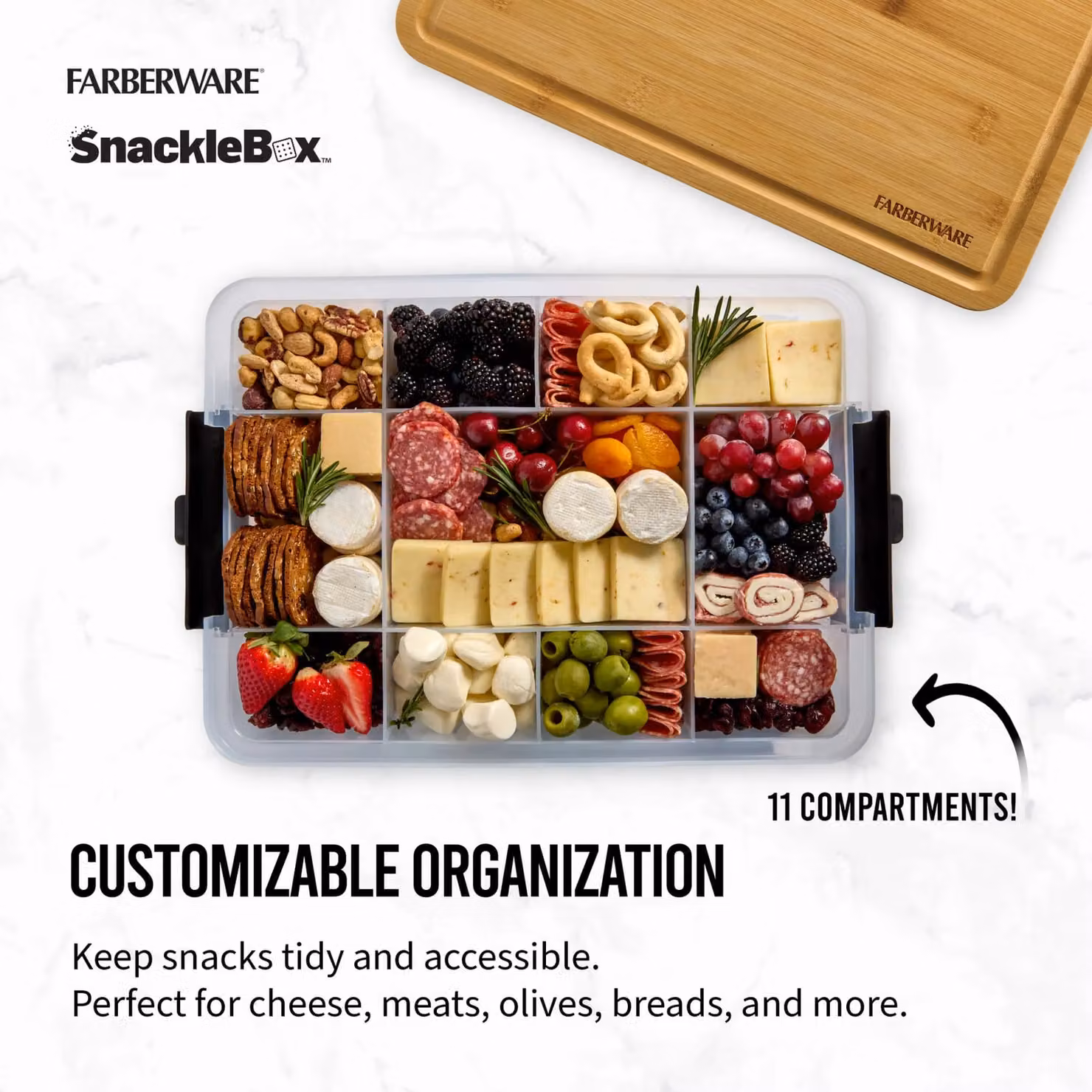 Farberware Multi-Purpose Snack Box with 11 Dividers and Bamboo Chopping Board Lid, Brown, W/D/H: 40.5 x 30 x 9.3 cm – 5