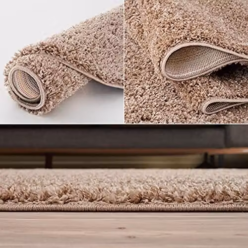 THE RUGS Beige Plain Soft High Pile Shaggy Round Rug, Diameter: 120 cm – 4