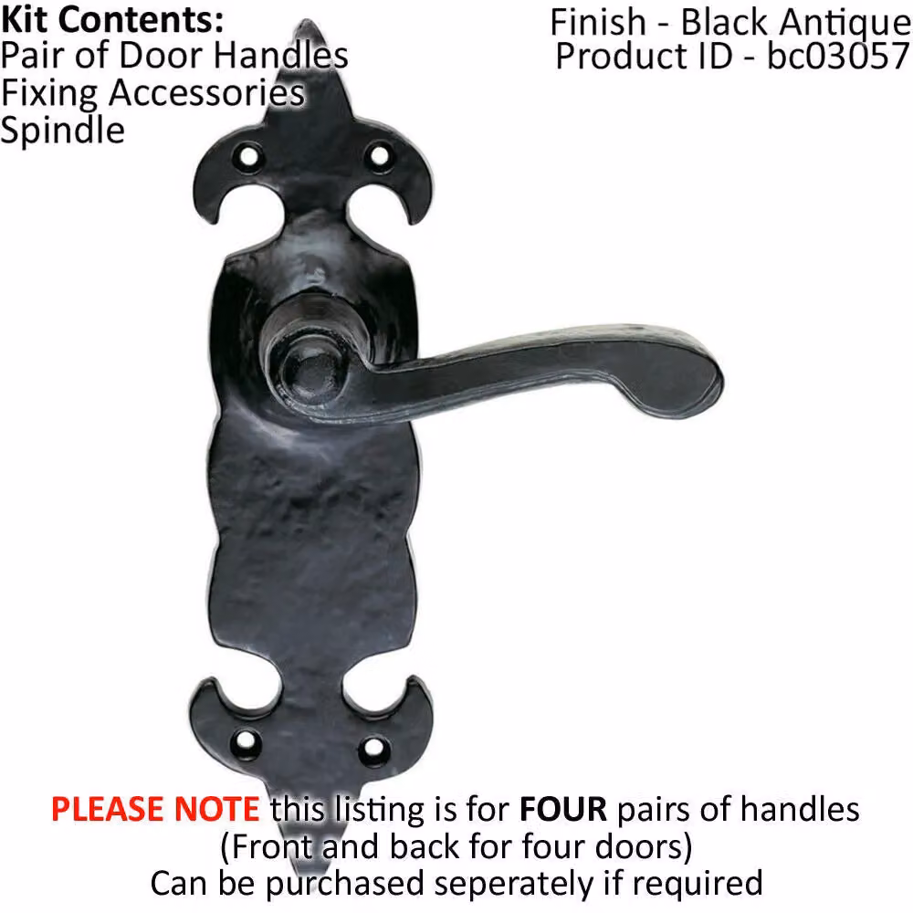 Loops 4 Pairs of Forged Scroll Lever Handles on Latch Backplate, Black Antique, W/H: 20.6 x 5.7 cm – 2