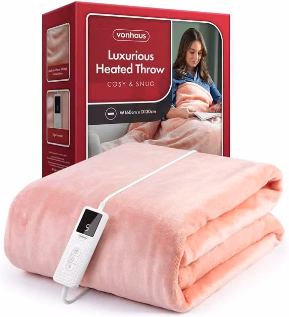 VonHaus Heated Fleece Blanket in Pink with Remote Control and Auto Shut-Off