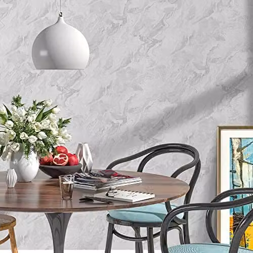 Erismann 10318-14 Non-Woven Marble Look Textured Wallpaper in White, Grey and Silver Metallic – 1