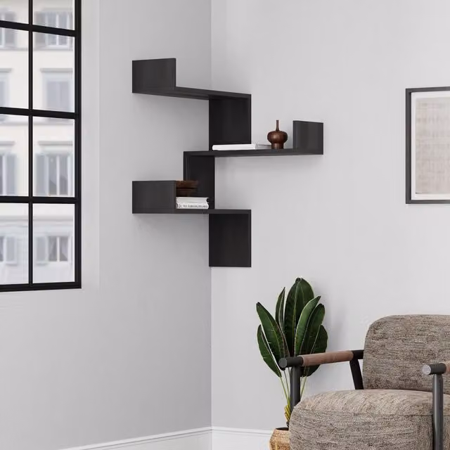 Decortie Luksa Wall Mounted Corner Bookcase with Zigzag Geometric Design in Black, W/D/H: 60 x 9 x 90 cm