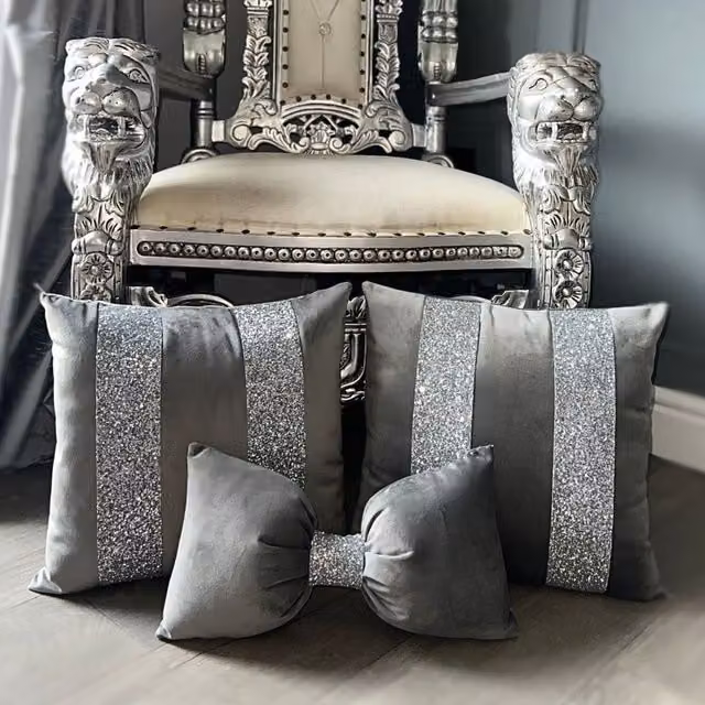 Fabricnco Grey and Silver Glitter Bow Cushion Set