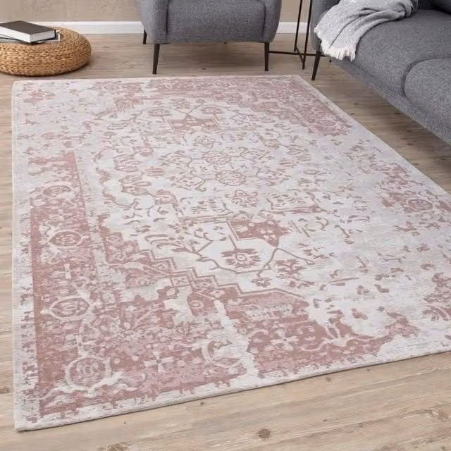 THE RUGS Pink Vintage Design Washable Area Rug Runner W: 80 cm, L: 300 cm