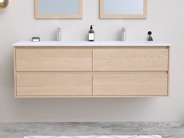 Vente-unique Scandinavian Oak Veneer Bathroom Cabinet with Built-in Sink and Mirror, Light Oak, W/D/H: 150 x 45 x 50 cm