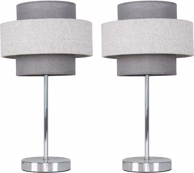 ValueLights Weaver Touch Table Lamps, Set of 2, Grey and Silver Metal with Fabric Shades