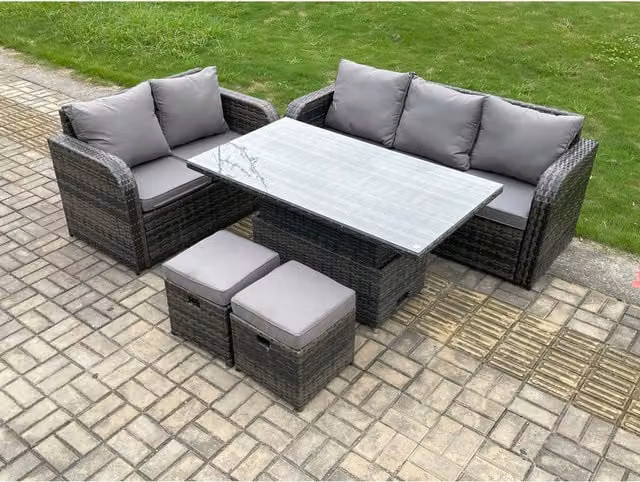 Fimous 7-Seater Outdoor Rattan Garden Set with Height-Adjustable Glass Table in Dark Grey