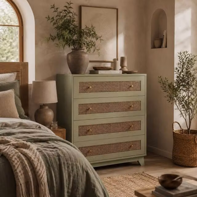 Wyld Haus Raritte 4 Drawer Chest in Green with Rattan Style Woven Panels