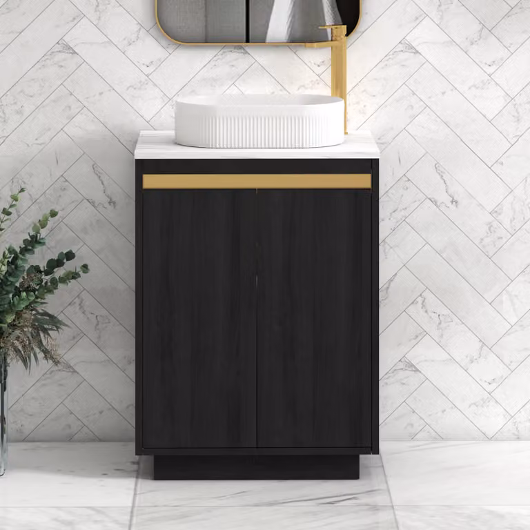 Royal Bathrooms Orion 600mm Hale Black Floor Standing 2 Door Vanity Unit with Carrara White Lyon Basin and Brushed Brass Accent Trim