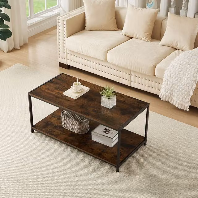 House of Home Rustic Brown Wood and Metal 2-Tier Coffee Table with Storage Shelf