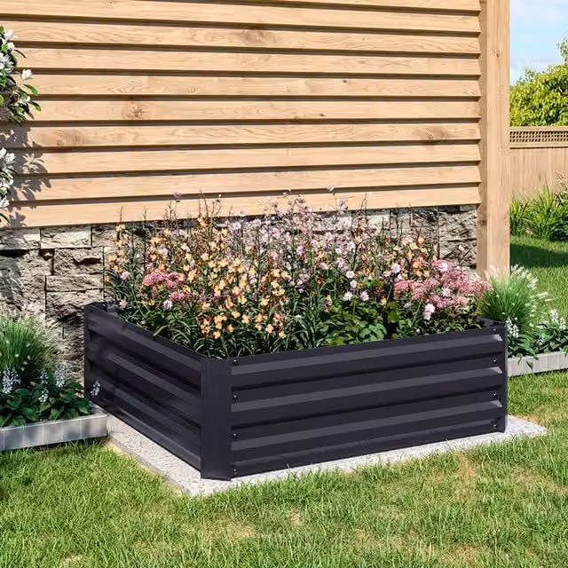 Livingandhome Galvanised Steel Raised Garden Bed in Carbon Black for Ornamental, Herb or Vegetable Gardens