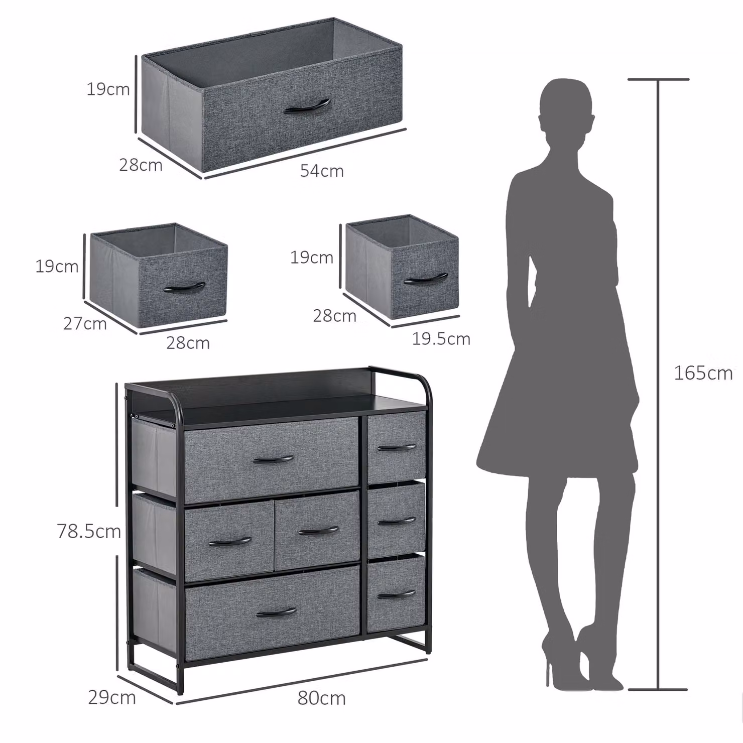 HOMCOM Grey 3-Tier Fabric Chest of Drawers with 7 Foldable Drawers and Metal Frame for Bedroom or Living Room – 3